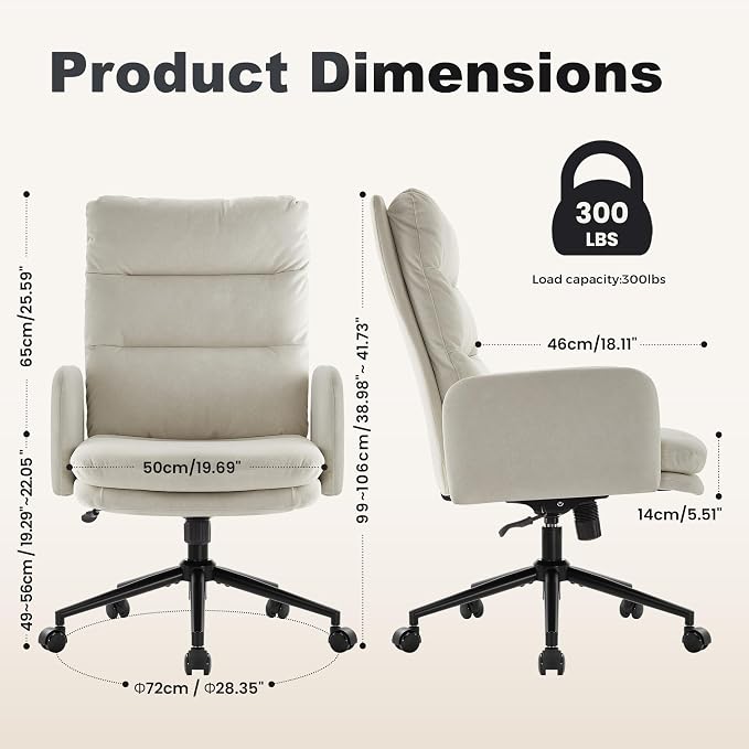 IWMH High-Back Home Office Chair,Upholstered Desk Chair with Armrests | Ergonomic Comfy Office Desk Chair,Height Adjustable Armchair with Wheels, 360° Swivel Computer Task Chair (Beige)