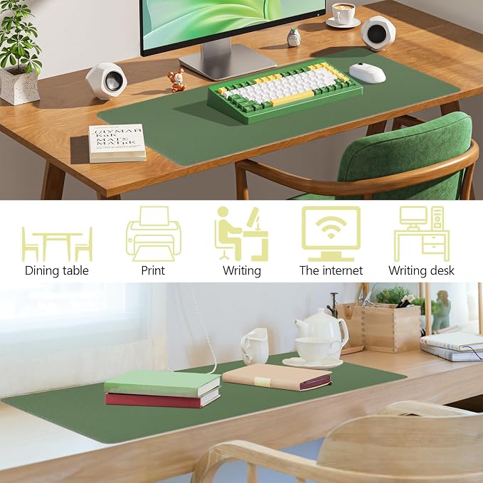 Green Leather Desk Pad Large Mouse Pad, 31.5"x15.7" | Waterproof Desk Mat for Keyboard and Mouse, Non-Slip Computer Desk Protector, Smooth Mouse Control for Home Office