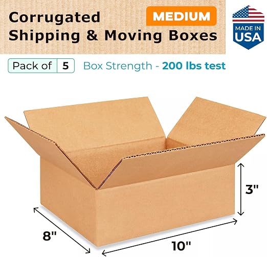 Medium Moving & Shipping Boxes 10 x 8 x 3 inches (5-Pack) - Extra Strength 200 lb vs Regular - Corrugated Packing Boxes - Corrugated Box - Packing Box for Moving Medium Volume by IDL Packaging | Extra Strength 200 lb vs Regular - Corrugated Packing Box...