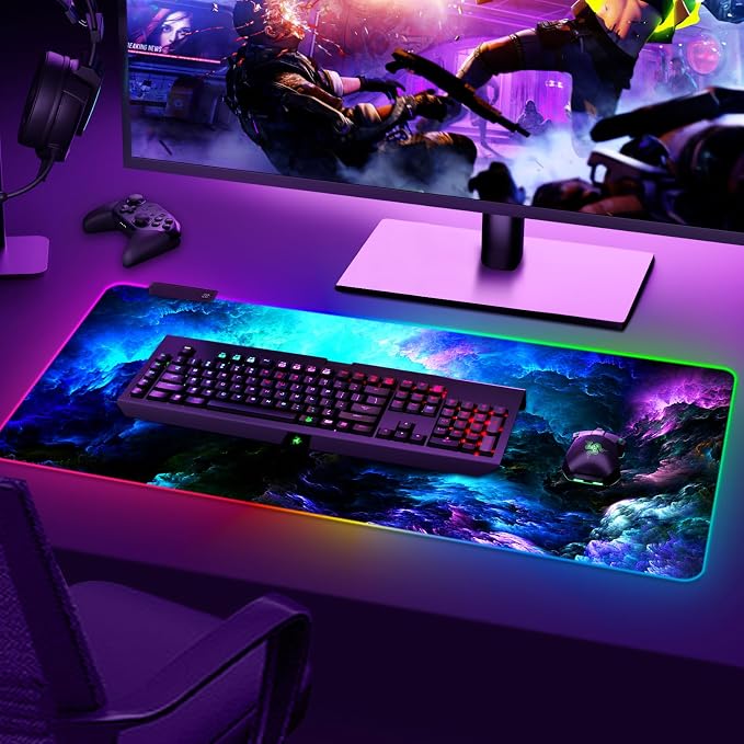 RGB Gaming Mouse Pad Large, Extended LED Mouse Mat XXL 35.4x15.7 inch, 14 Lighting Modes, 2 Brightness, Non-Slip Rubber Base Mousepad Waterproof Keyboard Mat,Fantasy Nebula Sky