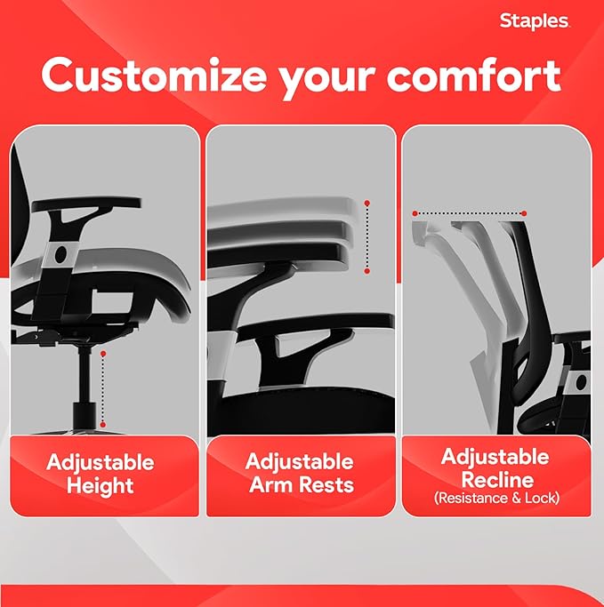 Staples Hyken Ergonomic Mesh Task Chair, Lumbar Support, Swivel, Black | Designed for everyday desk work in home or professional office settings.