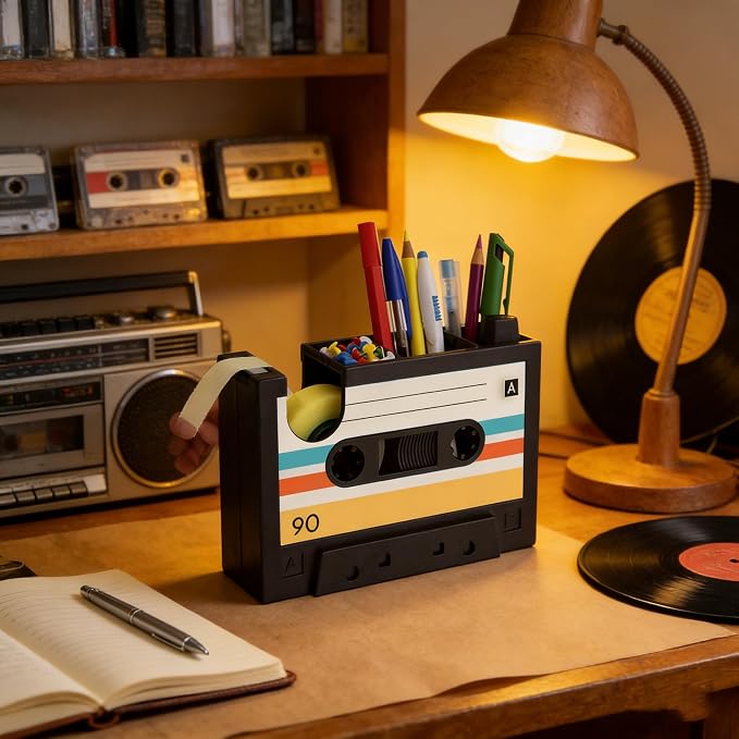 Retro Cassette Heat Tape Dispenser with Pen Holder for Desk Vintage 80s Office Mate Recycled 2-in-1 Office Stationery Storage (Yellow Tape)
