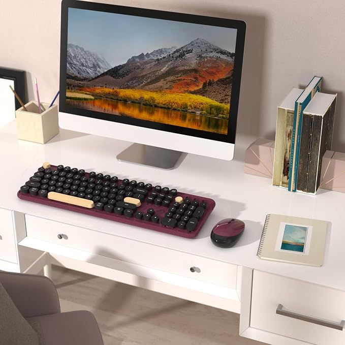 Retro Wireless Keyboard and Mouse Combo with Wrist Rest (Claret-Red) | COVEVA Aesthetic Typewriter Style, Full-Size Clicky Tactile Floating Round Keys, 2.4GHz Ergonomic Set for Mac, Windows