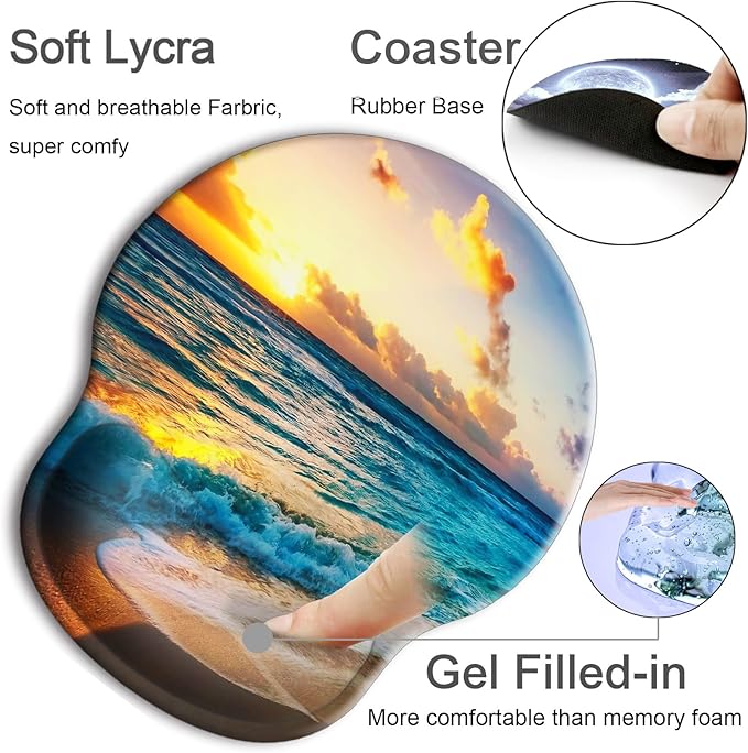 Ergonomic Mouse Pad with Wrist Support Rest,Large Mousepad Gel Wrist Rest, with Coaster Non-Slip & Pain Relief for Computer, Desk, Home&Office-Ocean Sea