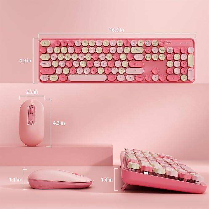 Wireless Keyboard and Mouse, Full-Sized Typewriter Keyboard Silent, Pink | USB Full-Sized Quiet Keyboard, Cute Colorful Round Keycaps, Plug & Play, Compatible with PC, Computer, Laptop