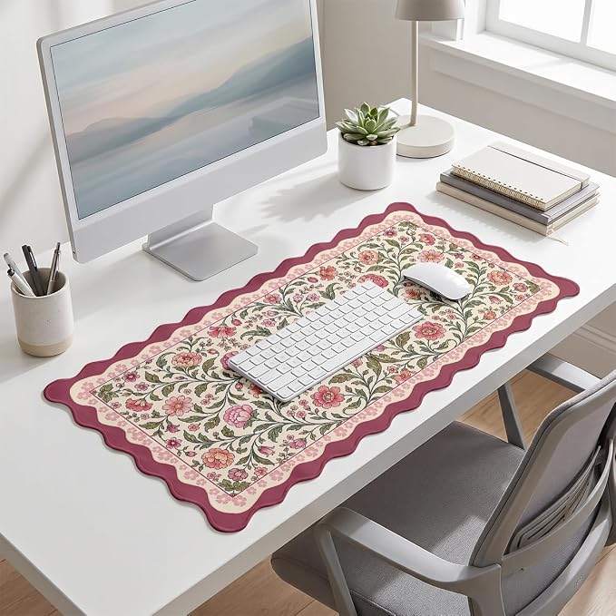 Vintage Floral Scalloped Mouse Pad Pink Olive Botanical Olive Vine XL Mouse Pad Large Mousepad Extended Laptop Keyboard Mat Gaming Desk Pad Office Computer Keyboard Laptop Home 31.5"x15.7"