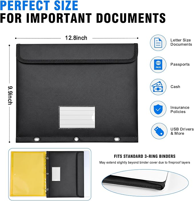 Fireproof 3 Ring Binder Pocket, Document Bag Side Loading, 2 Pack | Water Resistant,Heat Insulated,Hook&Loop Closure,Binder Folders,Safe Storage for Home Office Travel,Letter Size, Black