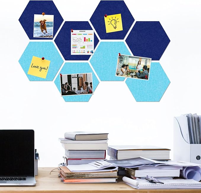 Large Hexagon Felt Cork Board Tiles, Self Adhesive DIY Felt Bulletin Board Pin Board with 35 Pushpins for Office School Home Wall Decor(Dark Blue+Sky Blue)