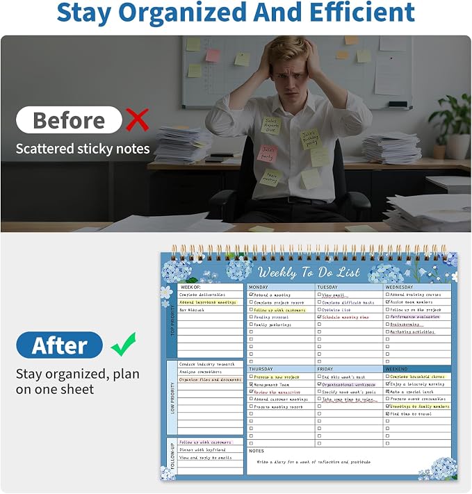 104 Pgs Weekly To Do List Notepad 52 Duplex-Printed Undated Sheets 100 GSM | （8.5"×11") Weekly Desk Planner For Work Home School Office Desk Accessories Supplies & Goal Setting Tasks -Blue Hydrangea