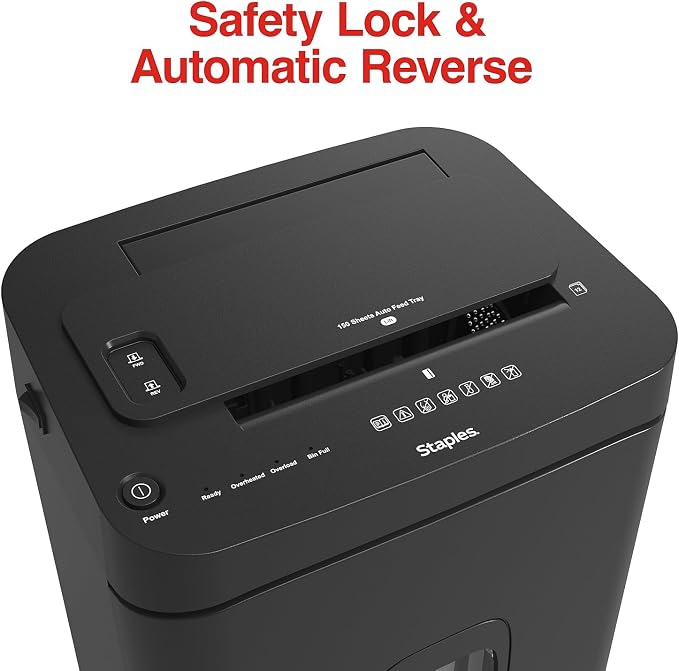 Staples 150-Sheet Micro-Cut Paper Shredder, Autofeed, Anti-Jam, Black | 7.4-gallon pull-out bin for home or office shredding of bulk documents.