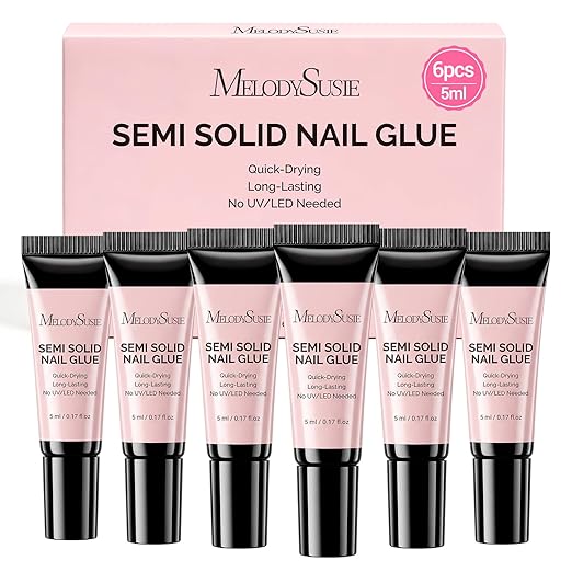 MelodySusie Super Strong Nail Glue, 6Pcs Semi Solid Nail Glue, Quick Drying No Need for UV Lamp Glue Gel Long Lasting for Fake Acrylic Press On Nails