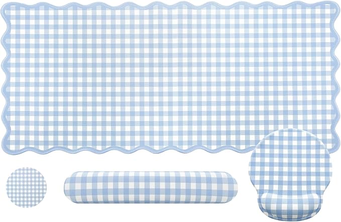 Blue Gingham Desk Mat Set with Wrist Rest, Ergonomic Design, Scalloped Edge Keyboard Mouse Pad Set Large 35.4x15.7 Inch, Memory Foam Wrist Support, Non-Slip Desk Pad Home Office Decor