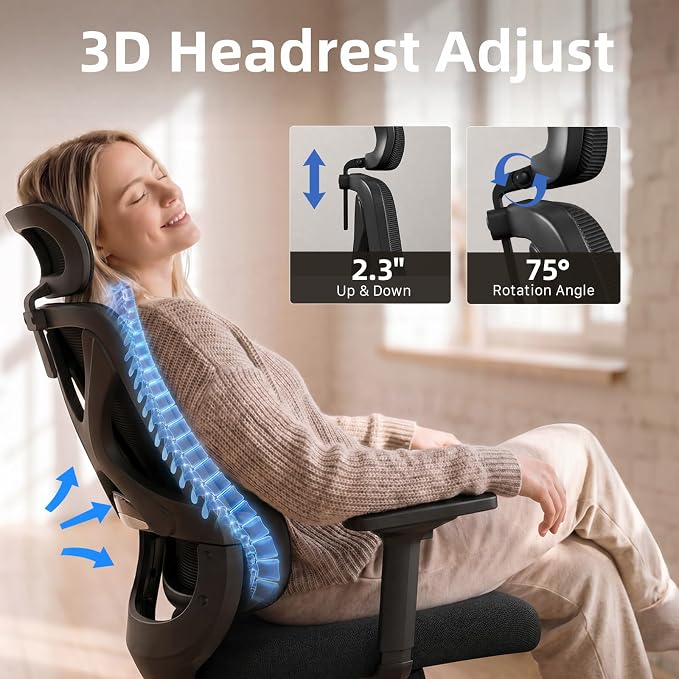 Mesh Ergonomic Office Chair with Lifting Armrests Home Office Desk Chair with Headrest and Backrest 90-150 Adjustable for Home, Office, Gaming, Student（Black）