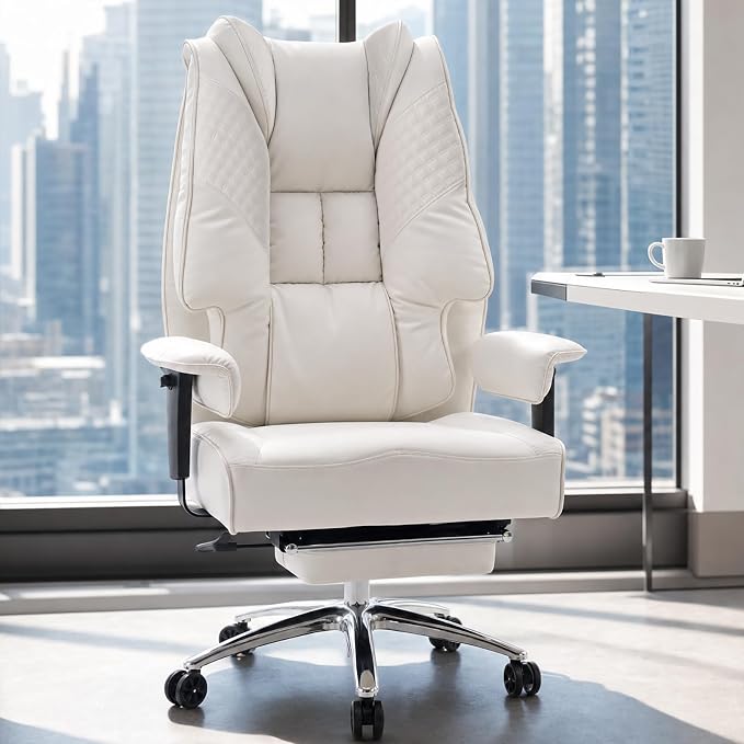 EXCEBET Big and Tall Executive Office Chair 400lbs Wide Seat, PU White | Wide seat, Retractable footrest, 135° recline, Lumbar support, PU leather, Ergonomic high back for lower back pain relief