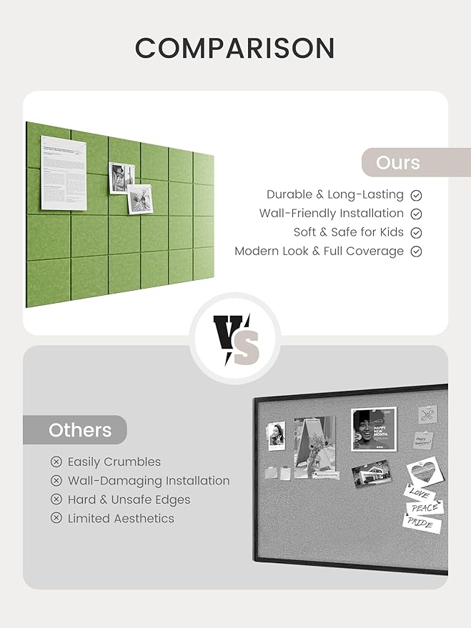 Bumusty Large Felt Bulletin Board, 36" x 24" Cork Board Alternative, 6-Pack Wall Tiles with 4-Compartment Design, 30 Push Pins, 40 Adhesive Tabs, Ideal for Office & Home Decor, Kelly Green