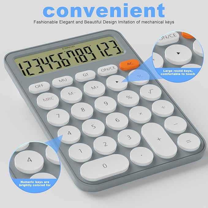 Cute Calculators Desktop Size 6.3 * 4.3in/16 * 11cm, DECKLIT Battery 12 Digit Desk Calculator Extra LCD Large Display, Great Desktop Calculator Big Buttons, 15°Tilt Screen for Kids Calculator(Grey)