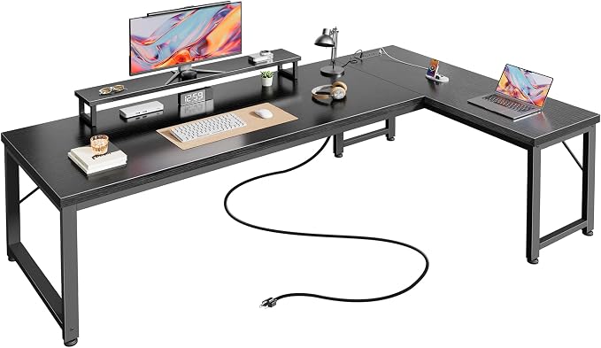 61" L Shaped Computer Desk, Power Outlets, Monitor Stand, Black | USB-C Ports, Reversible Charging Station, Spacious Desktop & Legroom, 0.94 Inch Thick Desktop, for Gaming, Study & Work