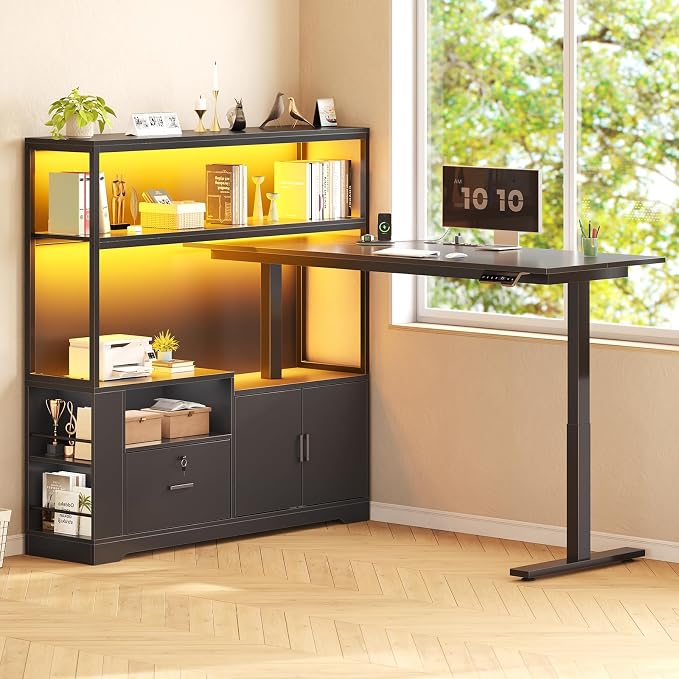 SEDETA 57" L Shaped Standing Desk, Sit Stand Office Desk with Storage Hutch | Black Reversible Stand Up Corner Gaming Desk with Drawer, Shelves, LED Lights & Power Outlet for Work, Writing, Study