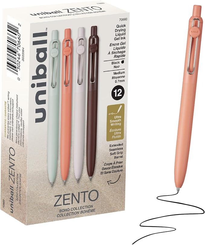 uniball™ Zento Gel Pens, Black Ink, 0.7mm Medium Point, 12 Count | Retractable, Smooth Writing, Quick-Drying, No Smear, No Bleed, Boho Barrel Colors
