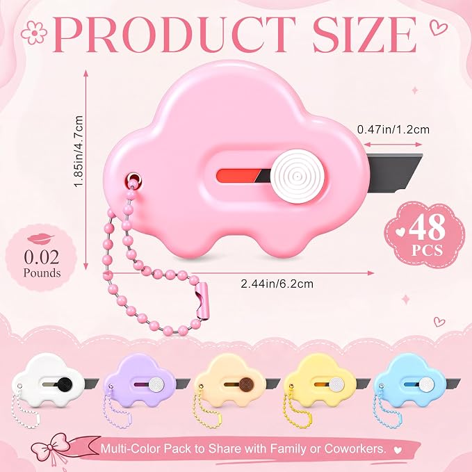 48 Pack Mini Box Cutters with Keychains, Cute Car Shaped Retractable Utility Knife, Small Letter Opener Paper Cutter for Office Home Carton Package Opener, 6 Assorted Colors