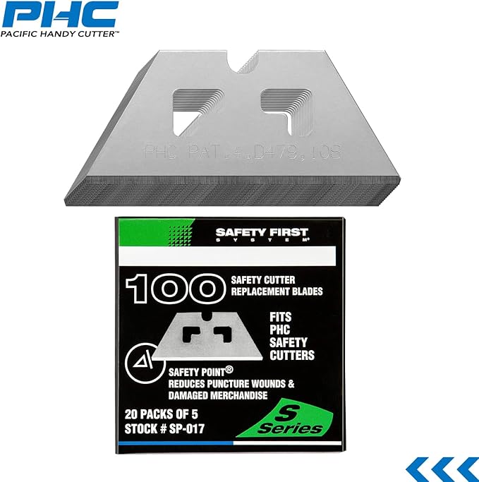 Pacific Handy Cutter SP017 Safety Point Blade for phc Safety Cutters, Pack of 100, Sharp Edge, Point Razor Blades for Injury Reduction, Cuts Boxes, Cardboard, Tape, Plastic Straps, and More