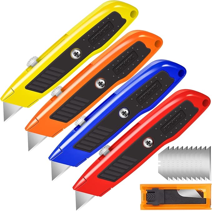 4 Pack Utility Knife, Retractable Box Cutter with 10 SK5 Blades, Heavy Duty Razor Knife for Cardboard, Boxes, and Construction Use