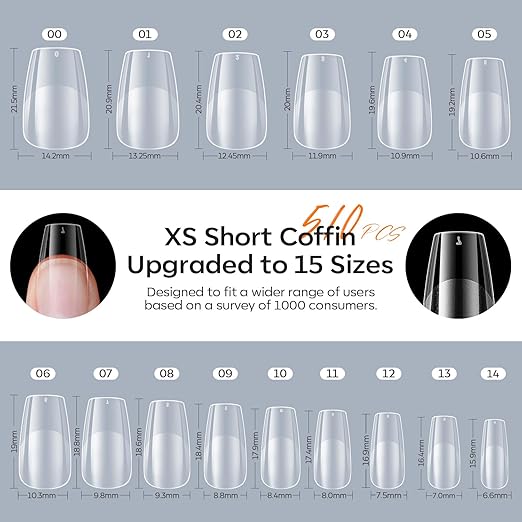 modelones X Nail Gel Kit Short Coffin,510Pcs Fake Nails 15Sizes, 9-in-One Glue Prep Dehydrator & Mini U V Light Clipper, Pre-shaped Half Matte Press on Short Coffin Tips for DIY Salon