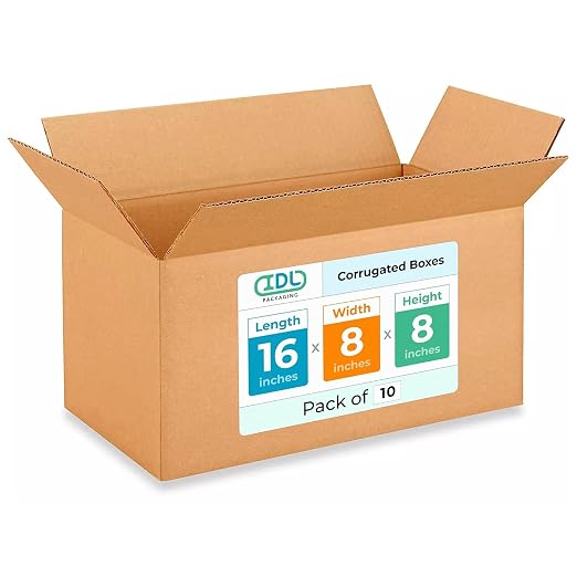 IDL Packaging Medium Corrugated Shipping Boxes 16"L x 8"W x 8"H (Pack of 10) - Excellent Choice of Strong Packing Boxes for USPS, UPS, FedEx Shipping - Easy-to-Recycle Cardboard Boxes for Packaging | Extra Strength 200 lb vs Regular - Corrugated Cardbo...