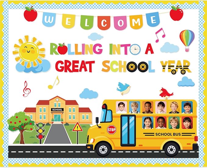 66Pcs Welcome Back to School Bulletin Board Decorations Set, School Bus Cutouts Yellow Bus Bulletin Board DIY Photo Crafts for Classroom Teacher Supplies Office Door Wall Decor