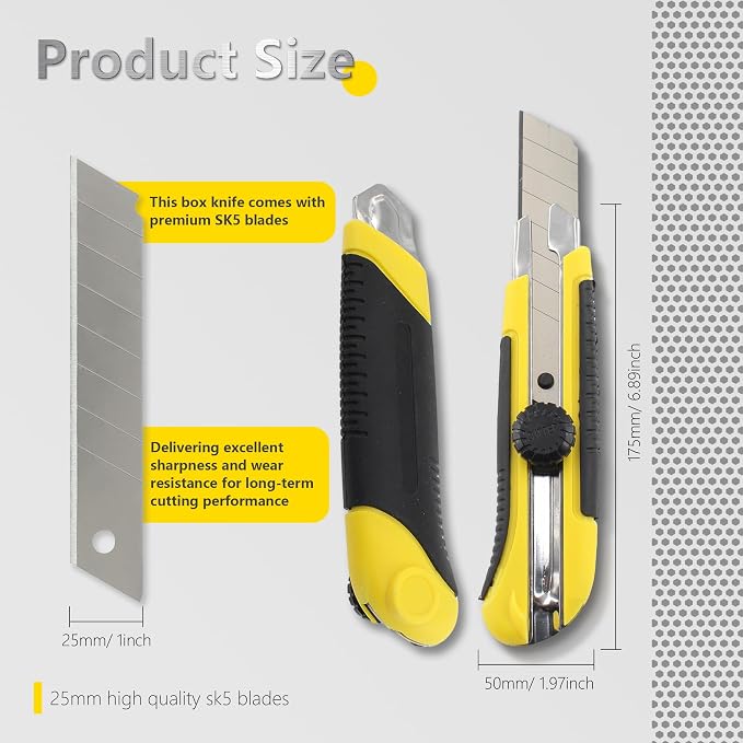 25mm Heavy Duty Utility Knife,10pcs SK5 Snap-Off Blades,Retractable Lock Box Cutter with Anti-Slip Rubber Grip for Office DIY