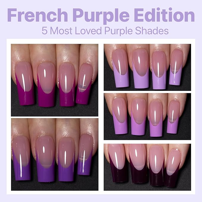 SXC Cosmetics French Tip Press On Nails 150 Pieces in 15 Sizes Ultra Fit with Pre-applied Tip Primer and Base Coat, No Need to File Fake Nails for Nail Art DIY X-Pro Tips (5PURPLE117-M Square)