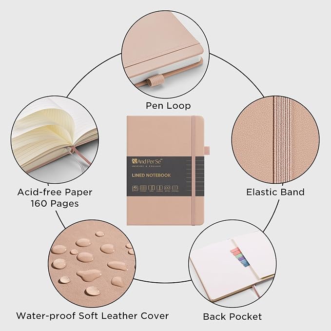 &And Per Se Lined Notebooks Bulk 5-Pack, A5 Hardcover Journal, 160 Pages 100gsm Thick Paper, Classroom Supplies for Students, Teachers, College Ruled Notebooks for School Office (Apricot)