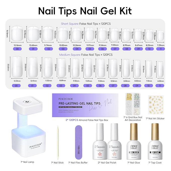 PEACECOLOR Square Gel Nail Kit, 240pc Short Medium False Nail Tips for Extension 2 Colors Jelly Gel Polish with U V Light Nail Glue Nails Art Stickers Rhinestones Easy DIY for Women Home Salon DIY