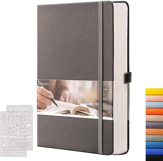 EMSHOI Dotted Journal Notebook, 256 Pages, 120 GSM Thick Paper, A5 Small 5.75"x8.38", PU Leather Hardcover, 5mm Dot Grid Notebook for Journaling, Planning, Drawing, Writing, Dark Grey