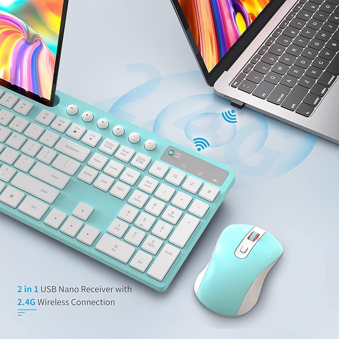 Wireless Keyboard and Mouse Combo, MARVO 2.4G Ergonomic Wireless Computer Keyboard with Phone Tablet Holder, Silent Mouse with 6 Button, Compatible with MacBook, Windows (Blue)