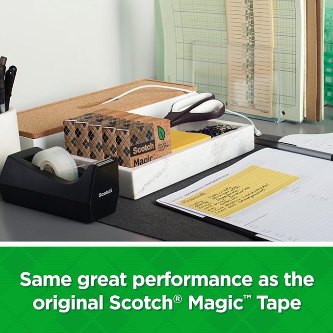 Scotch Magic Greener Tape with Dispenser, 3/4 in x 900 Inches, 6 Boxes of Tape and 1 Desktop Dispenser (Pack of 12)