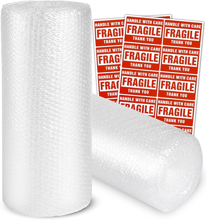2-Pack Bubble Cushioning Wrap Rolls, 3/16" x 15" x 72' ft Total [2 Rolls of 36 Feet], Perforated 12" 20 Fragile Stickers for Shipping, Packaging, Mailing