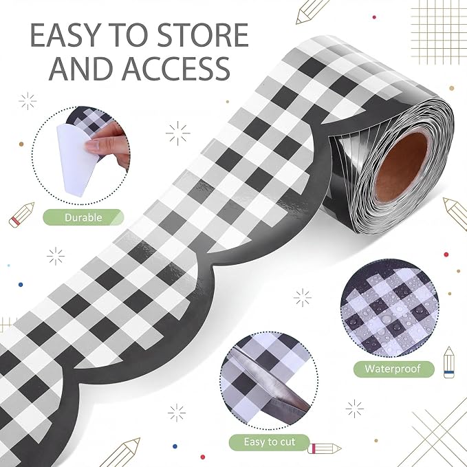 Zonon 65ft Black and White Gingham Bulletin Board Border,3 inch | Scalloped Edge Trim for Classroom Walls, Whiteboards, Desks, Windows, Doors, Lockers, Back to School Decoration Supplies