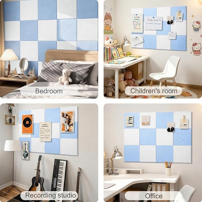 0.47" Thick Felt Pin Board 36"x24" Large Cork Board Alternative 6 Pack 11.81"x11.81"Felt Bulletin Board Wall Tiles Notice Board with 30 Pushpins for Home Office School(Light Blue&White)