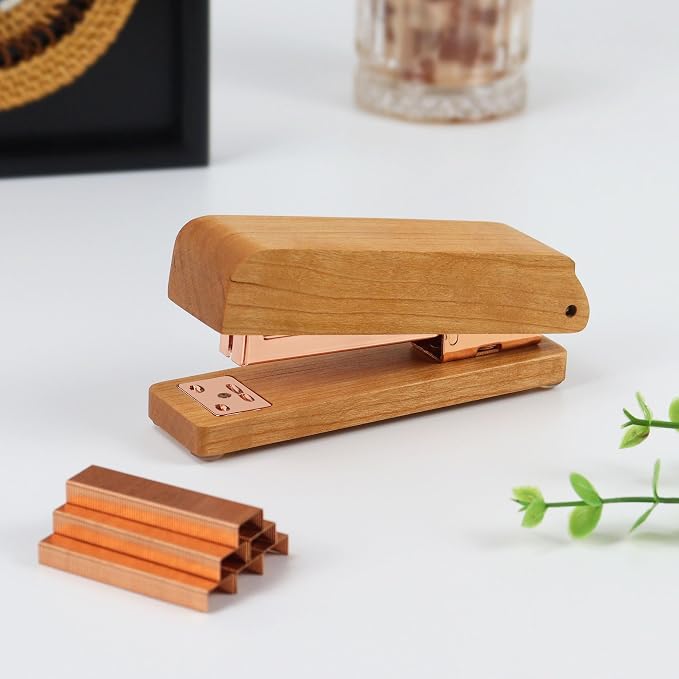 MultiBey Natural Cherry Wood Desk Stapler - 25 Sheet Capacity | Jam-Free Desktop Stapler with 1000 Staples, Retro Woodgrain Stapler Desk Accessories for Office, Home