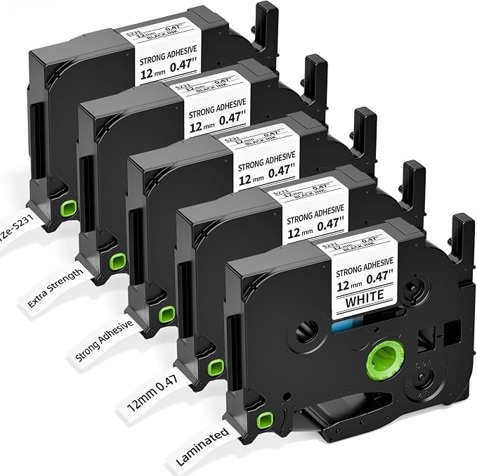 5 Pack TZe-S231 TZeS231 TZe TZ Extra Strength Tape 12mm 0.47" | Compatible with Brother P Touch Label Tape Strong Adhesive White for Ptouch PT-D210 PT-D220 PT-D400 D600 PTH110 Label Maker