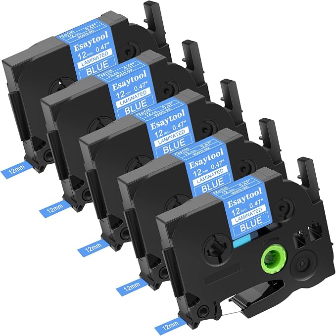 5 Pack Esaytool Replacement for P-Touch TZe-535 0.47" 12mm White on Blue | 1/2" TZe535 TZ535 Laminated Label Tape Compatible with Ptouch PT-D210 D220 H110 H100 P710BT D220 D410 D600 D450 Label Maker
