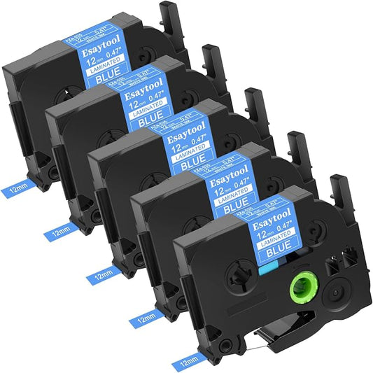 5 Pack Esaytool Replacement for P-Touch TZe-535 0.47" 12mm White on Blue | 1/2" TZe535 TZ535 Laminated Label Tape Compatible with Ptouch PT-D210 D220 H110 H100 P710BT D220 D410 D600 D450 Label Maker