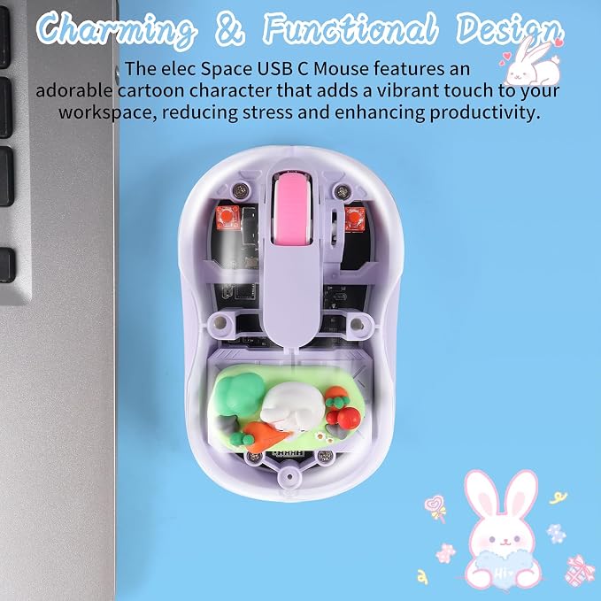 elec Space Cute Wireless USB C Mouse - Bluetooth Triple Mode Rechargeable Cartoon Mouse for Laptops, iPads & MacBook Air/Pro - Silent Operation, Portable Design, Unique Magnetic Character (Purple)