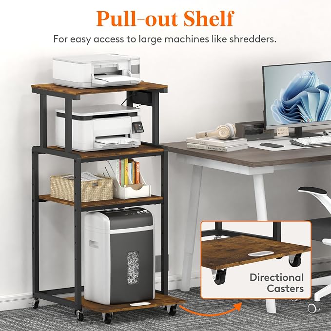 Lifewit 4 Tier Printer Stand with Power & Wheels, Office Cart, Rustic Brown | Rolling cart with wheels and adjustable shelf, for shredder scanner fax, home office storage, holds 340 lbs heavy duty
