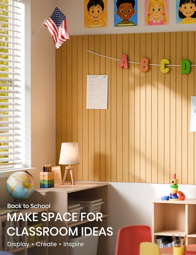 28" x 18" Felt Bulletin Board Tiles, Fine Stripe, Mustard Yellow | 6-Pack Cork Board Alternative, 30 Adhesive Tabs, Push Pin Board, Wall Decor, Office, Home, Classroom, Dorm
