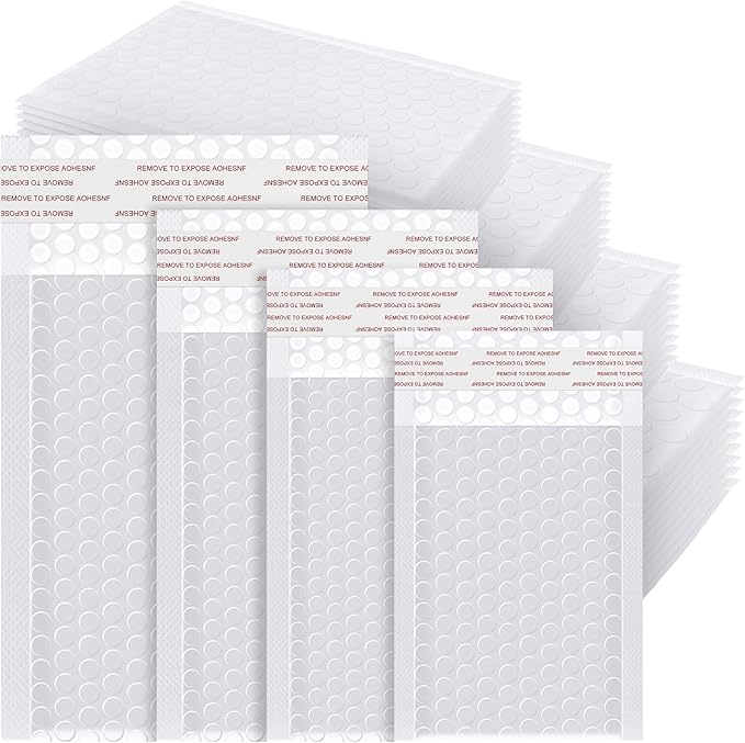 Henoyso 100 Pcs Bubble Mailer 4 Sizes Self Adhesive Waterproof Padded Envelopes Cushioning Seal Bubble Shipping Envelopes for Mailing Packaging Small Business Packing Supplies (White)