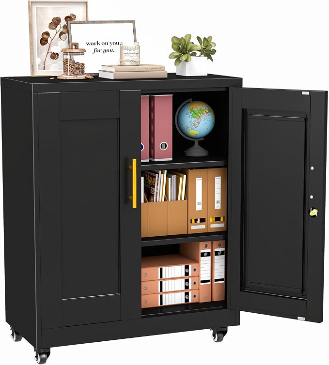 PAOFIN Metal Storage Cabinet-35” Tall Steel File Cabinets with Lockable Doors and Adjustable Shelves, Steel Tool Cabinet with Wheel for Home, School, Office, Garage Black