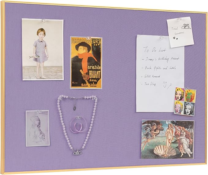 Bulletin Board 40 x 30 inches, Mystic Violet Pin Board, Golden Aluminum Framed Fabric Cork Board with 10 Push Pins