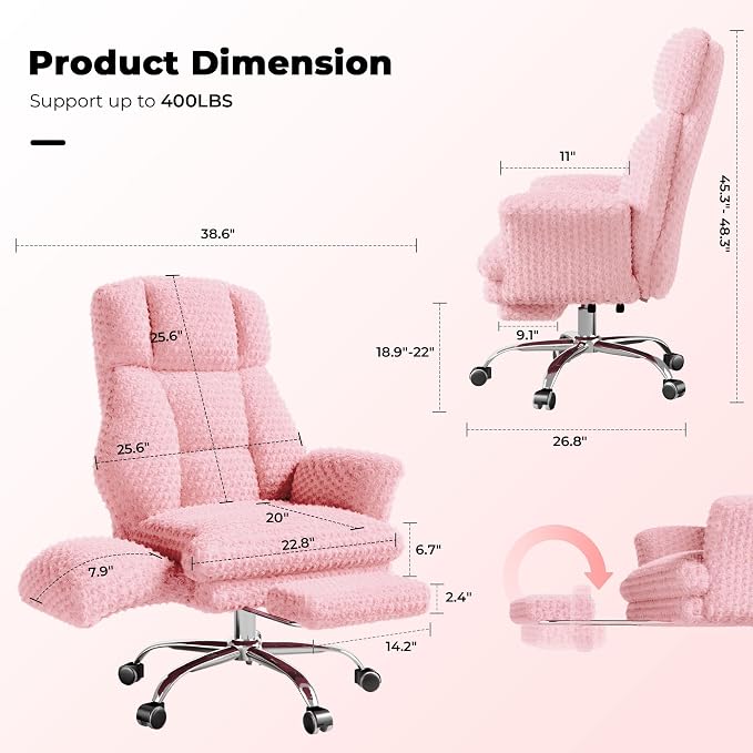 Big and Tall Office Chair, Flip Armrests for Pets & Cross Legged Sitting | Executive Ergonomic Computer Gaming Chair with Foot Rest, Rose Velvet Pink Wide Seat Reclining Desk Chair